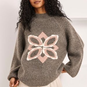 JERSEY DE LANA OVERSIZED  FLOR BICOLOR - CHOCOLATE