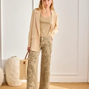 JEANS FILIGRANA HOJAS BORDADAS - KHAKI